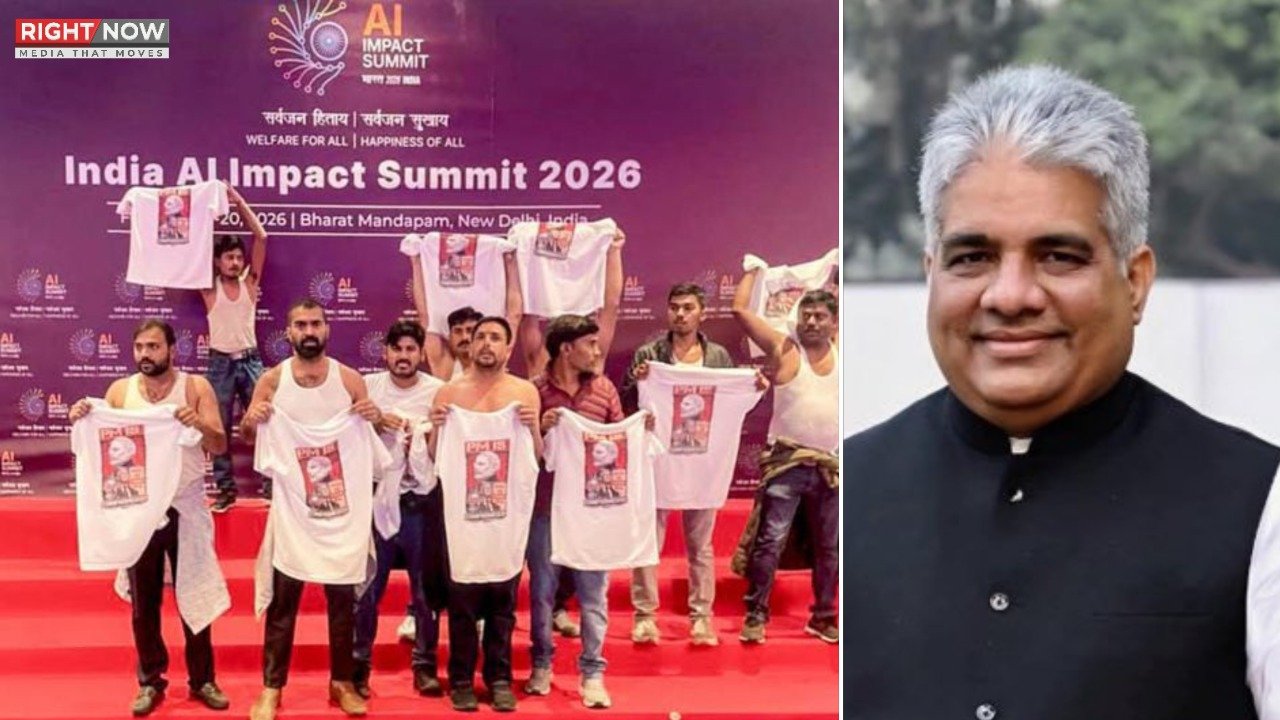 نئی دہلی میں اے آئی کانفرنس کے دوران بھارت امریکا تجارتی معاہدے کے خلاف احتجاج