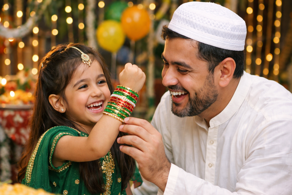 بچی چوڑیاں پہنے اپنے والد کو دکھا رہی ہے